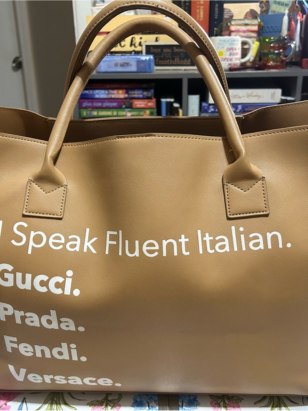 Tan Leather Statement Tote Bag - I Speak Fluent Italian